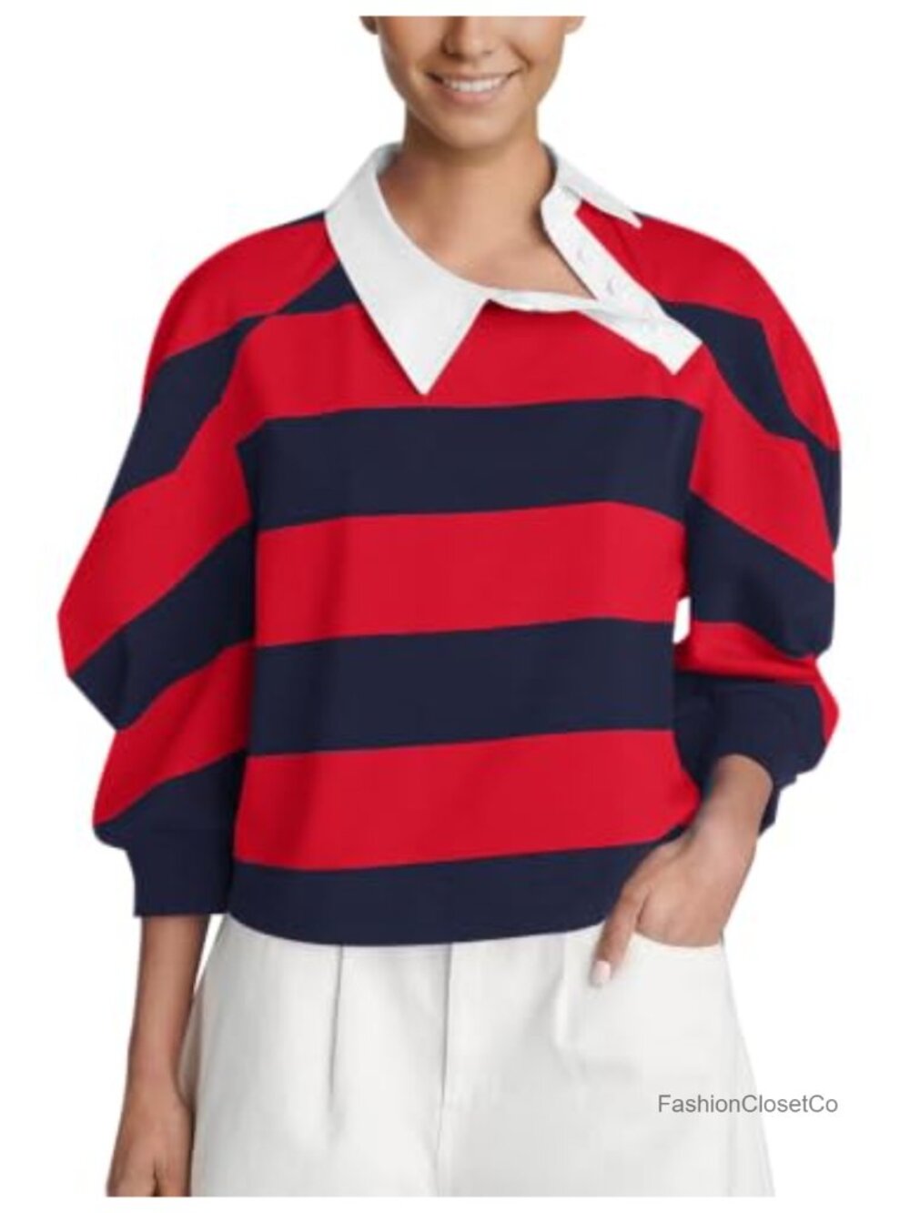 Women's Striped Rugby Polo Shirt Asymmetrical Collar 3/4 Sleeve Preppy Top